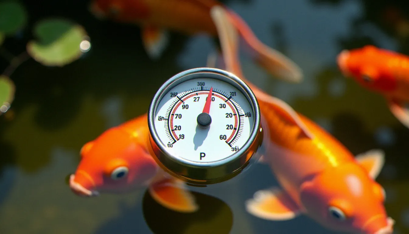 Thermomètre flottant dans un bassin à koï indiquant une température élevée en été, avec des poissons remontant en surface par manque d'oxygène