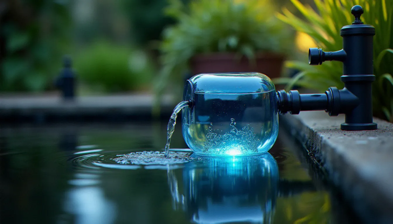Stérilisateur UV connecté à un filtre de bassin de jardin en extérieur, lampe UV visible à travers le boîtier transparent, équipement essentiel en période de chaleur et de restriction d'eau