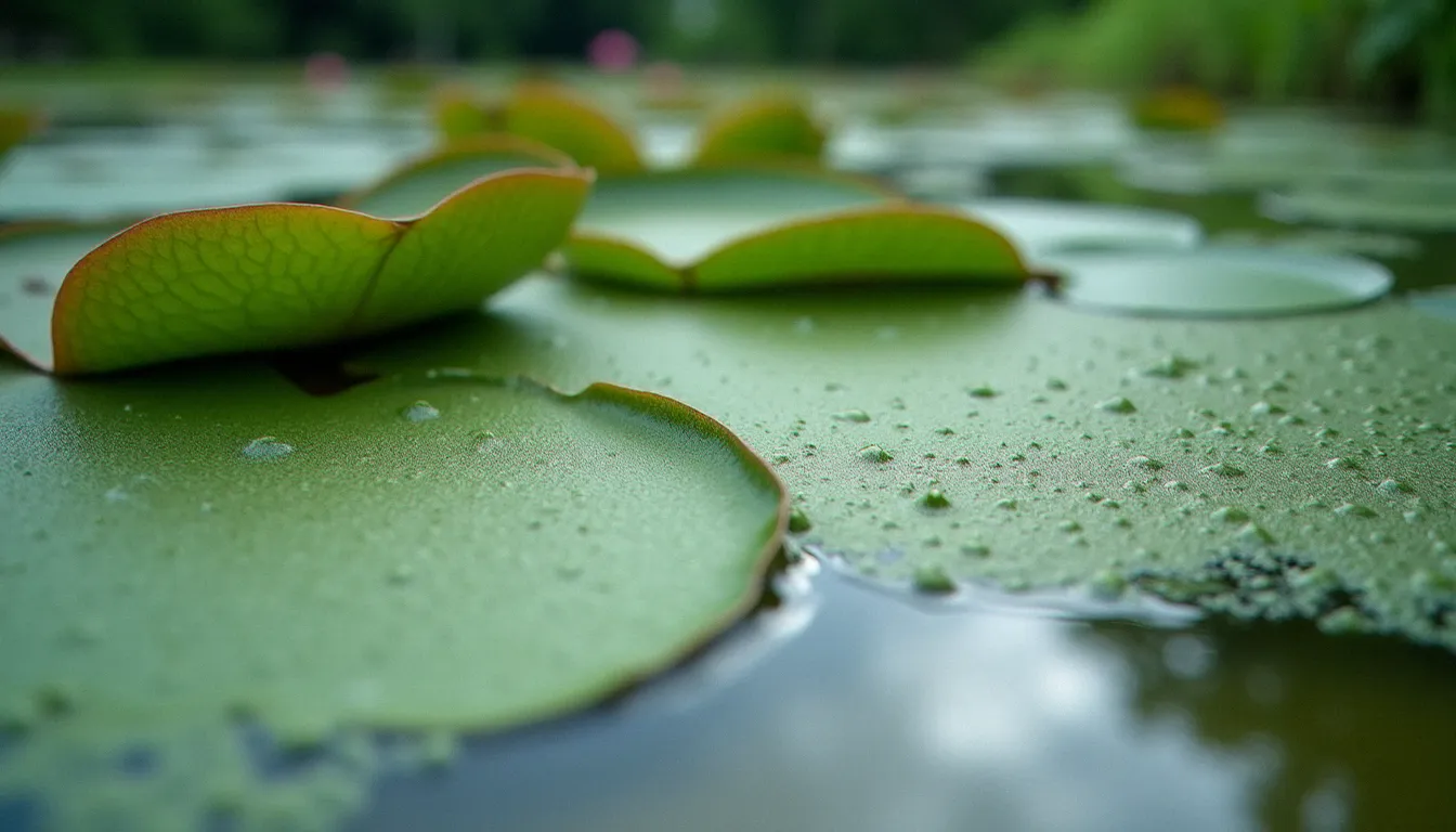 Surface d'un bassin de jardin présentant un bloom de cyanobactéries avec film verdâtre et écume caractéristique