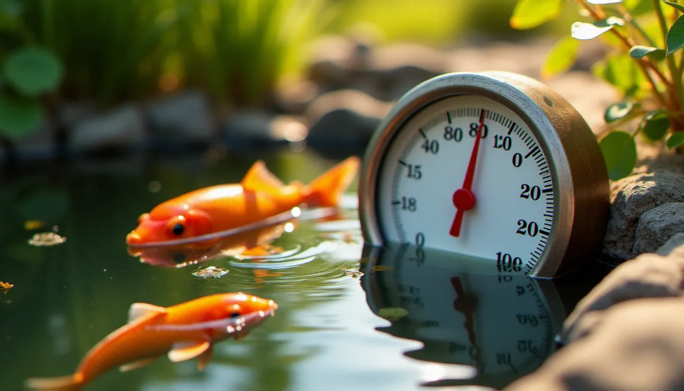 Thermomètre dans un bassin de jardin indiquant une température élevée pendant une canicule estivale, avec des koï visibles près de la surface