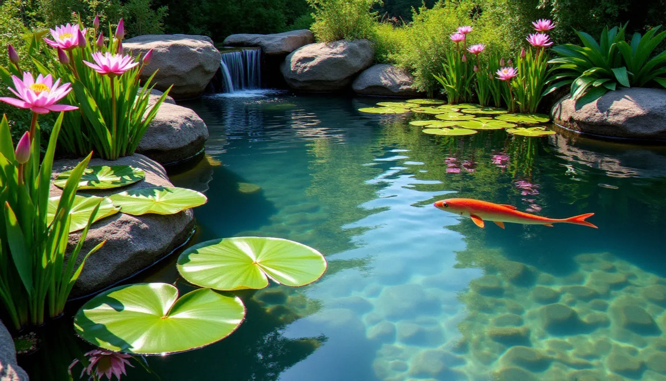 Bassin de jardin avec eau claire et nénuphars en fleurs, illustrant les actualités eau et l'importance de l'entretien estival