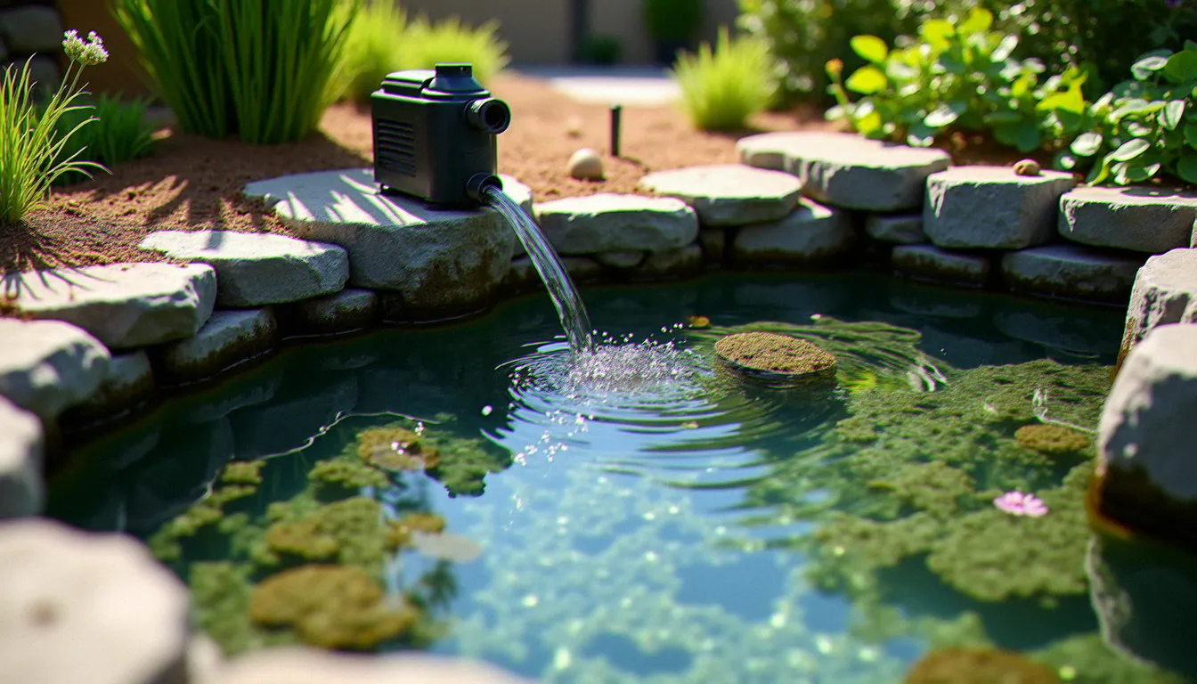 Remise en eau d'un bassin de jardin de récupération avec pompe immergée et premières plantes aquatiques oxygénantes