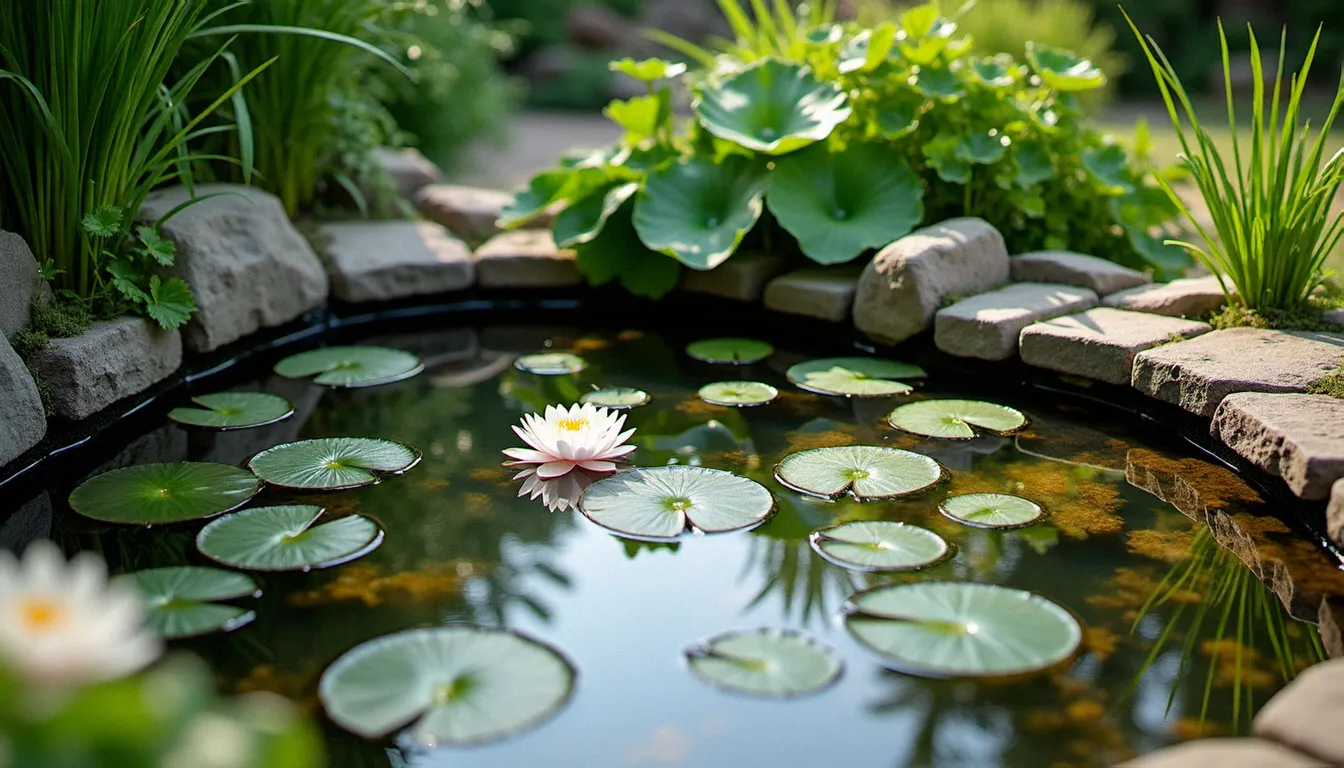 Bassin de jardin à donner en polyéthylène préformé entouré de plantes aquatiques et de pierres naturelles dans un jardin ensoleillé