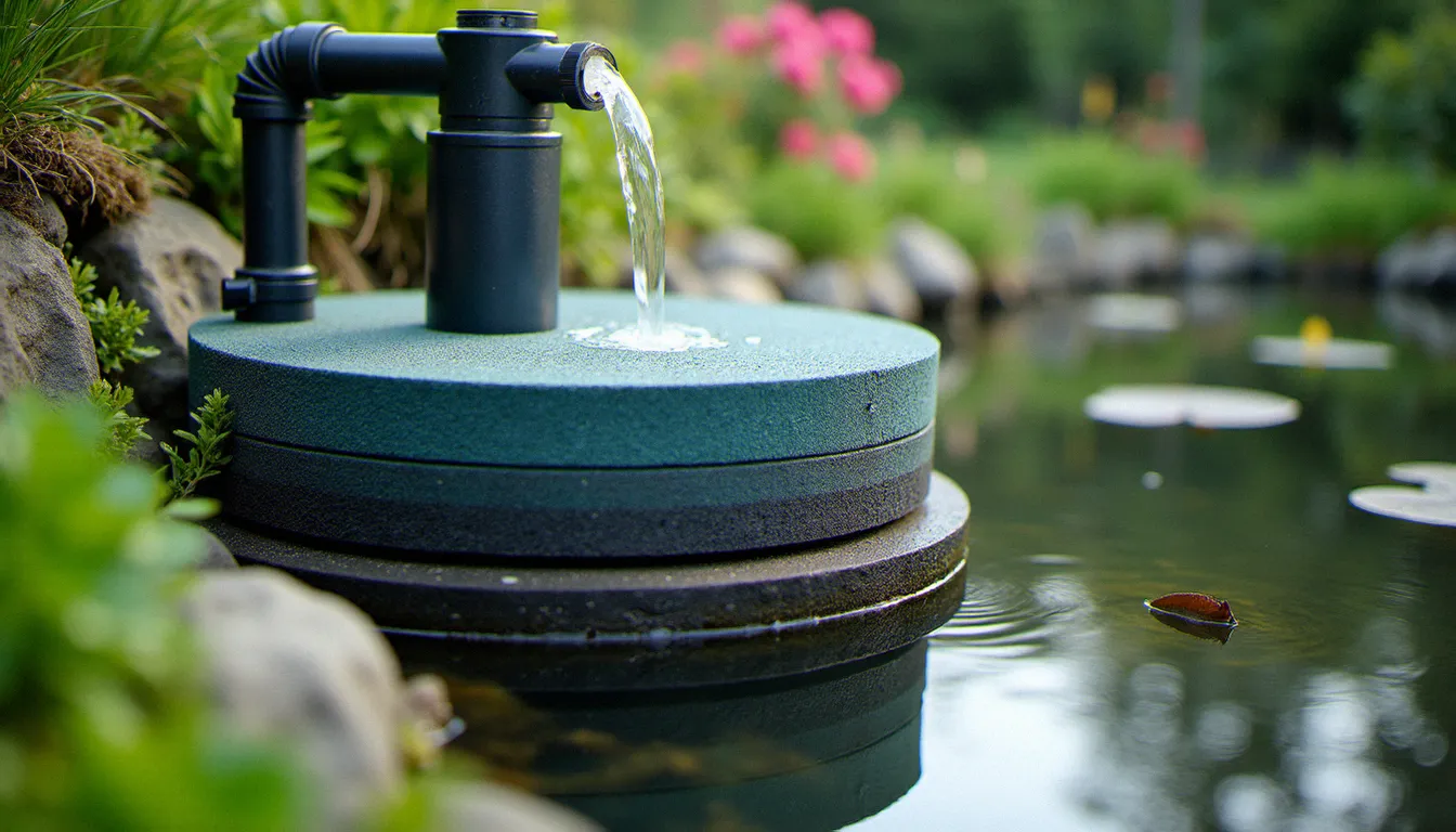 Système de filtration biologique externe pour bassin de jardin avec pompe, media filtrants et lampe UV, installé en bordure d'un bassin à poissons