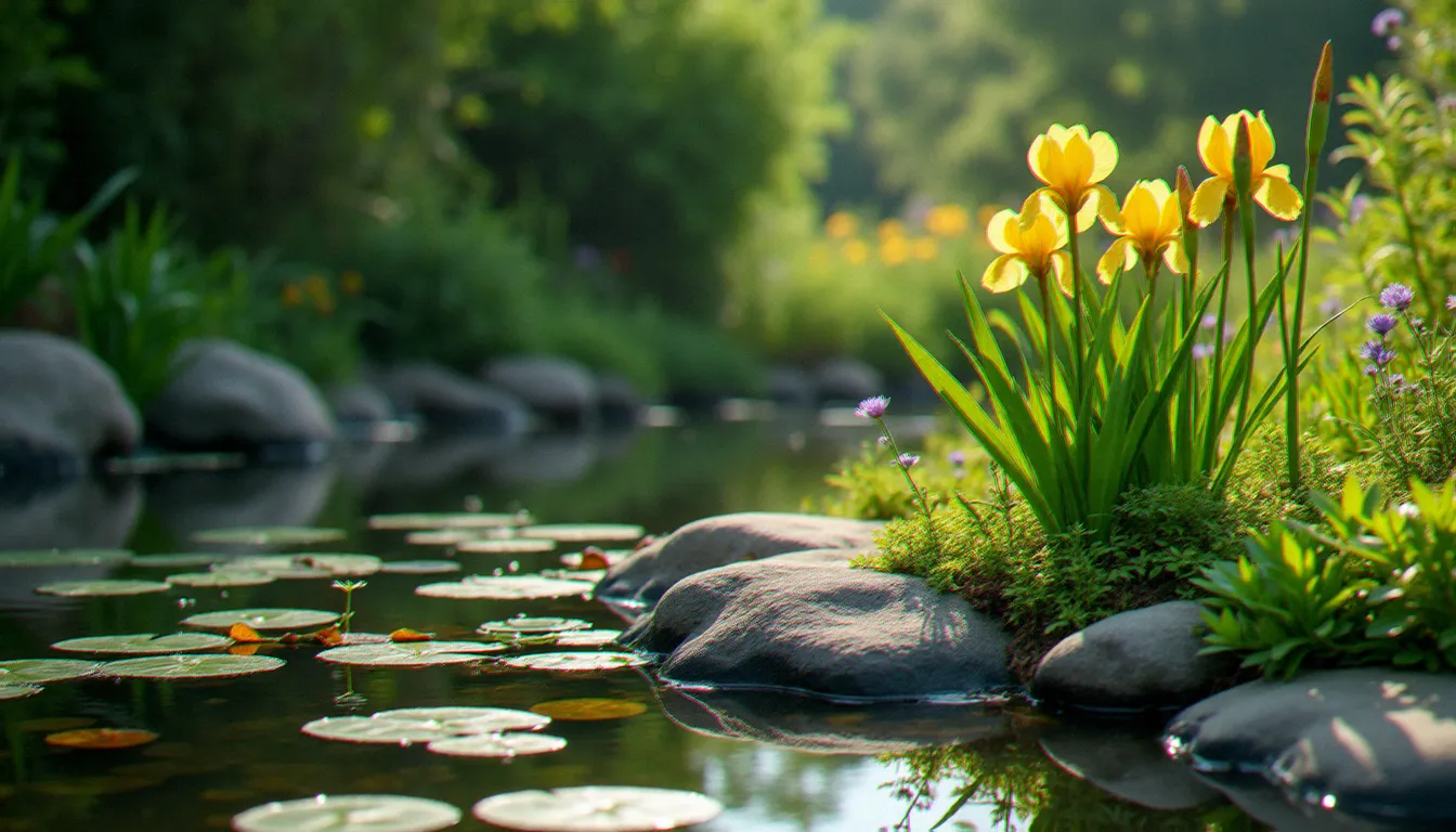 Zone de plantation palustrine en bordure de bassin de jardin avec iris des marais en fleur, plantes oxygénantes immergées et végétation de berge naturelle au printemps