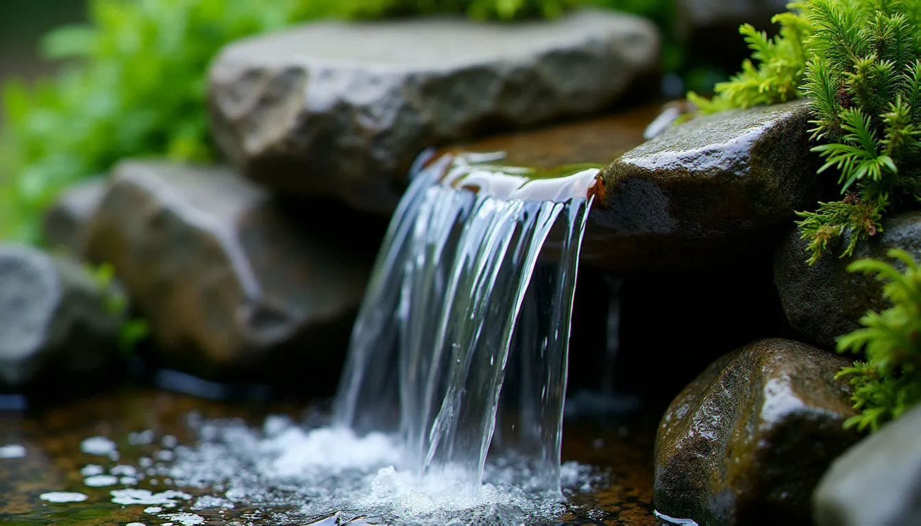 Gros plan sur une cascade de bassin en ardoise naturelle avec filet d'eau clair ruisselant sur des pierres noires