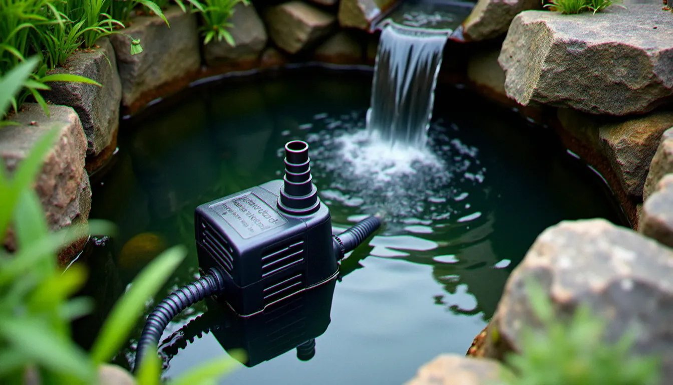 Pompe immergée et filtre biologique installés au fond d'un bassin de jardin avec chute d'eau, tuyau de refoulement relié à la cascade