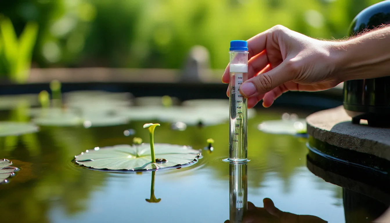 Test des paramètres d'eau d'un bassin de jardin avec kit liquide, mesure de l'ammoniaque et des nitrites pour contrôler l'efficacité de la filtration