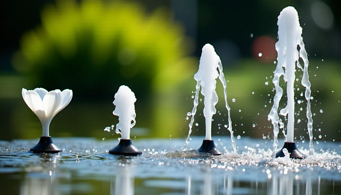 Comparaison de différentes buses de jet d'eau pour bassin de jardin — tulipe, champignon, mousse et geyser — avec leurs motifs de projection caractéristiques
