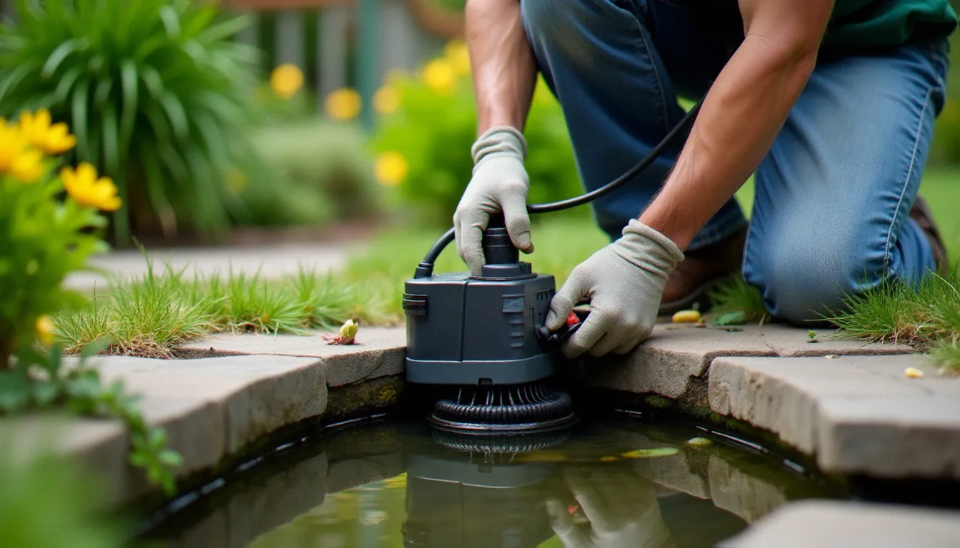 Installation d'une pompe submersible pour jet d'eau dans un bassin de jardin, avec passage du câble électrique dans une gaine de protection étanche