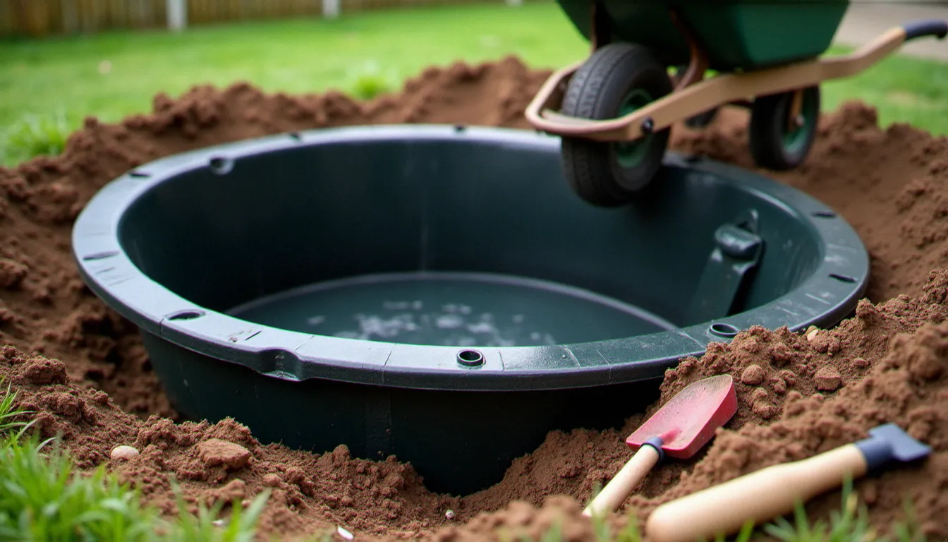 Pose d'un bassin préformé en polyéthylène dans un jardin lors de l'installation, avec les bords en cours de remblaiement