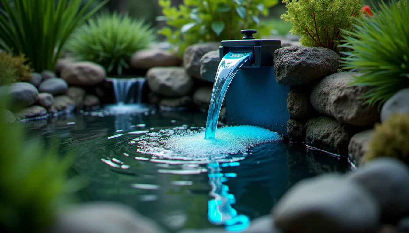 Filtre biologique de bassin de jardin avec média filtrant et lampe UV, illustrant l'importance de la filtration pour un bassin de jardin sain