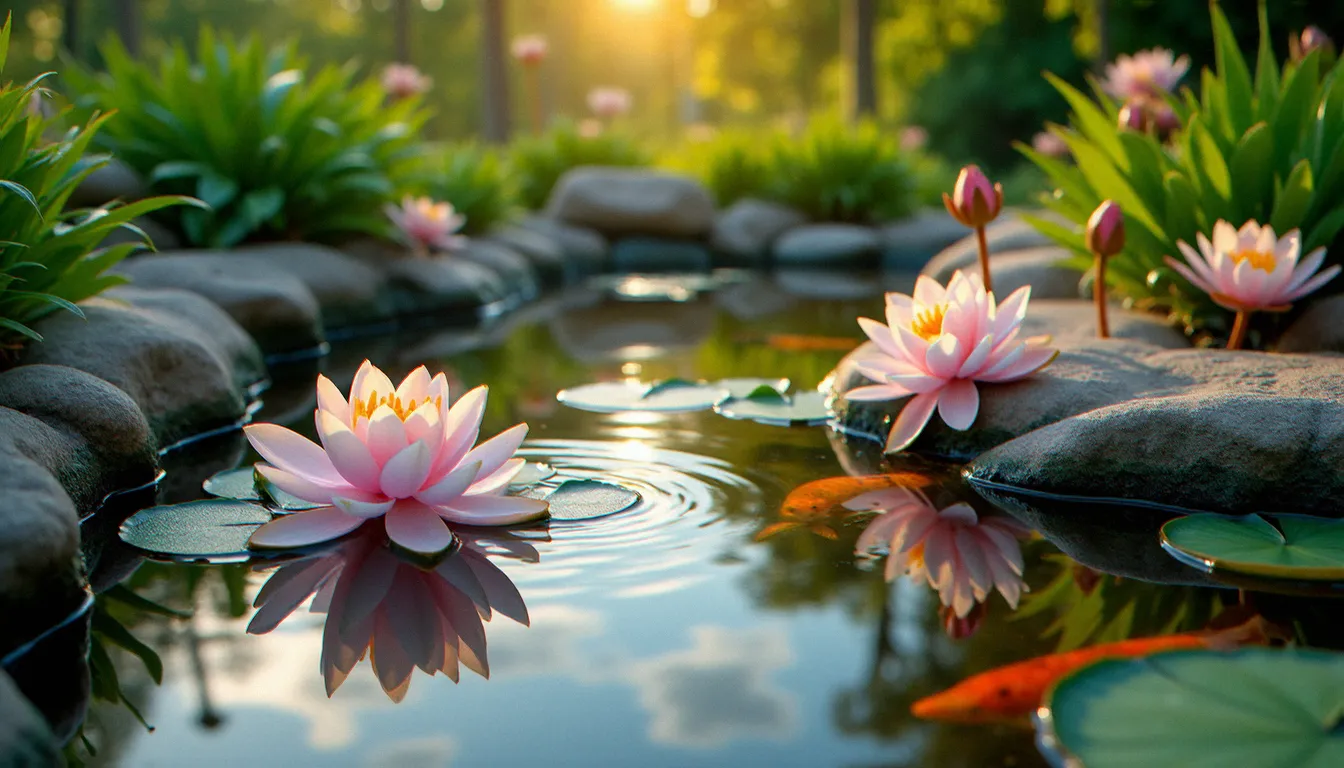 Bassin de jardin avec eau claire, nénuphars en fleur et poissons koï visibles sous la surface — illustration d'un avis positif sur un bassin de jardin réussi