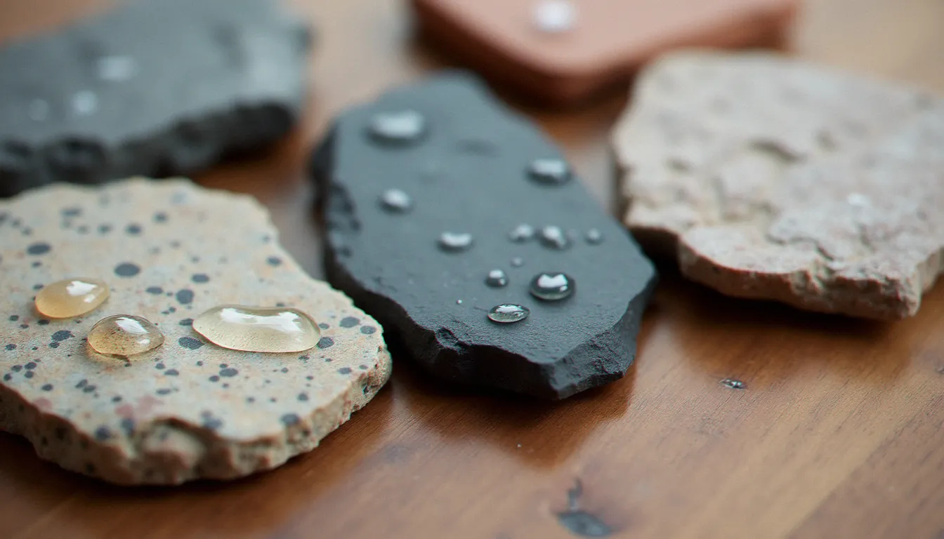 Comparaison d'échantillons de pierres naturelles pour bassin de jardin : granit, basalte, ardoise, calcaire et grès avec gouttes d'eau illustrant la porosité
