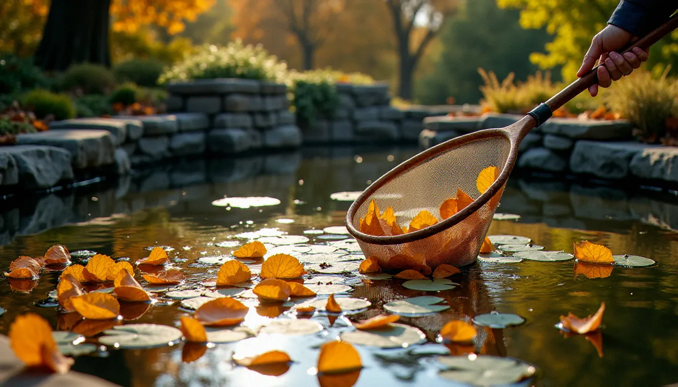 Entretien automnal d'un bassin en pierre naturelle avec ramassage des feuilles mortes au filet, parois en granit et eau encore claire en arrière-plan