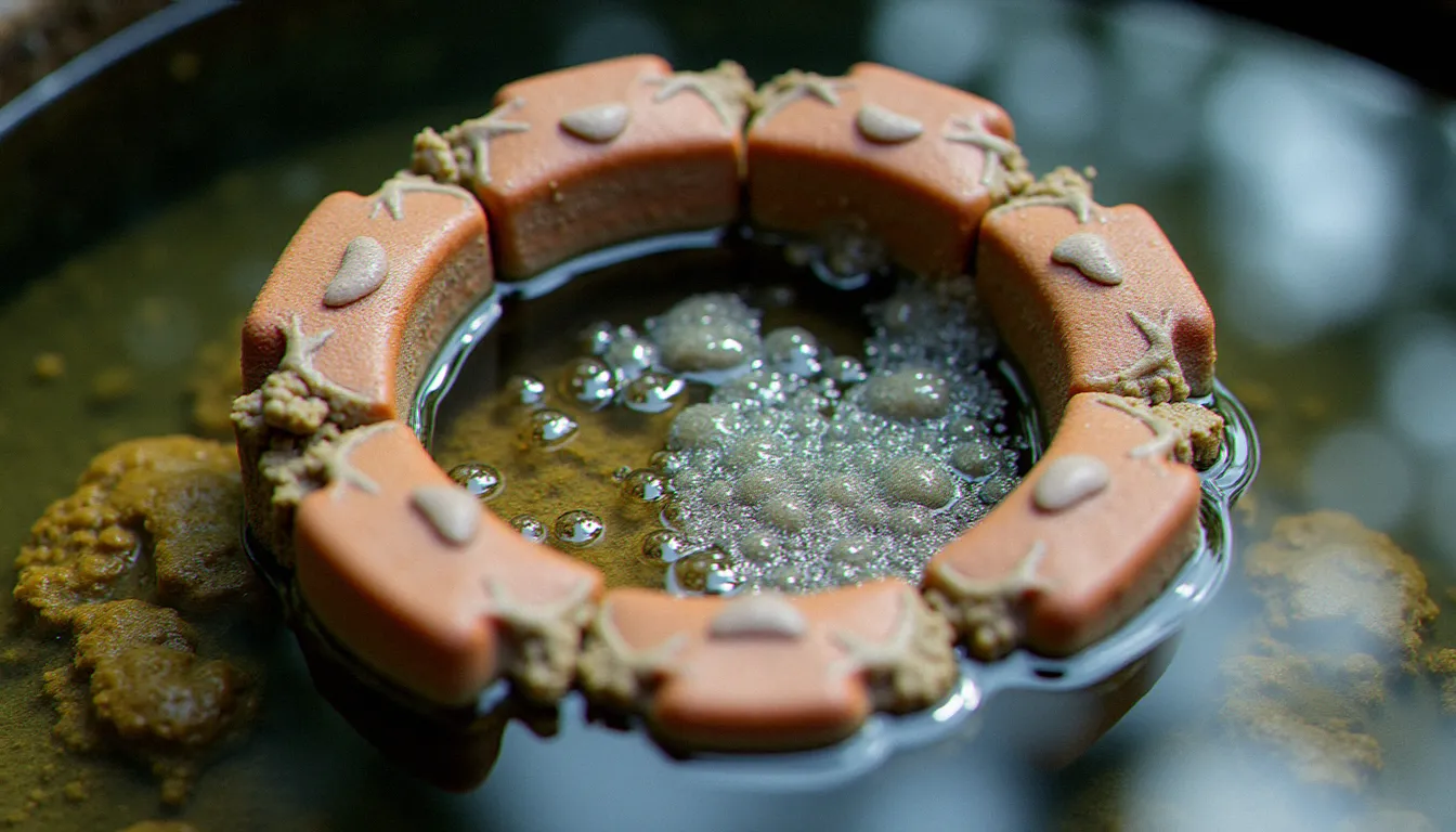 Chambre de filtration biologique remplie d'anneaux en céramique et de pouzzolane colonisés par un biofilm bactérien dans l'eau d'un bassin de jardin