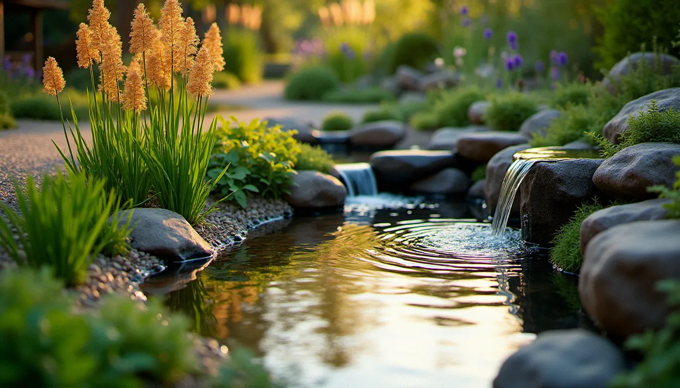 Zone de lagunage plantée de roseaux et d'iris des marais adjacente à un bassin à koï, avec flux d'eau filtré retournant dans le bassin principal via un petit ruisseau
