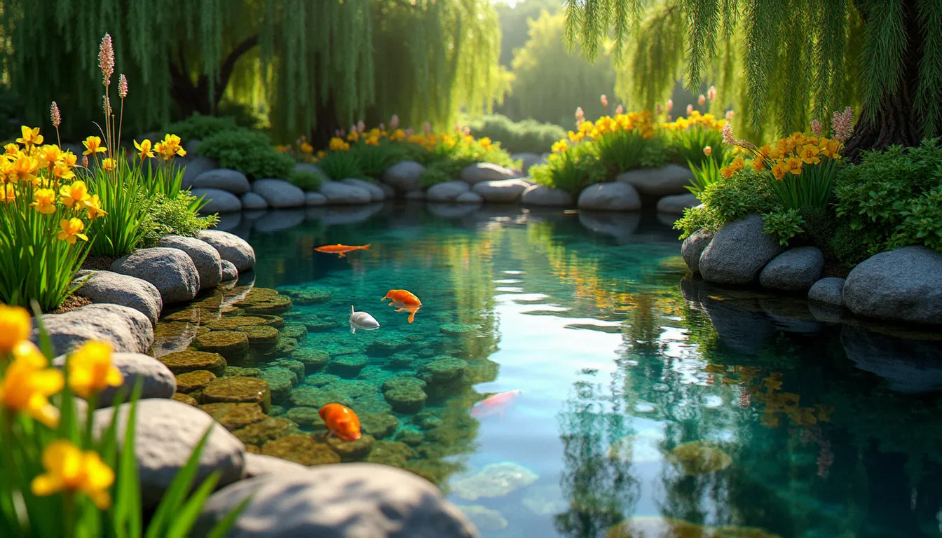 Bassin de jardin à filtration naturelle avec eau claire, plantes aquatiques épuratrices et koï visibles sous la surface par une lumière matinale