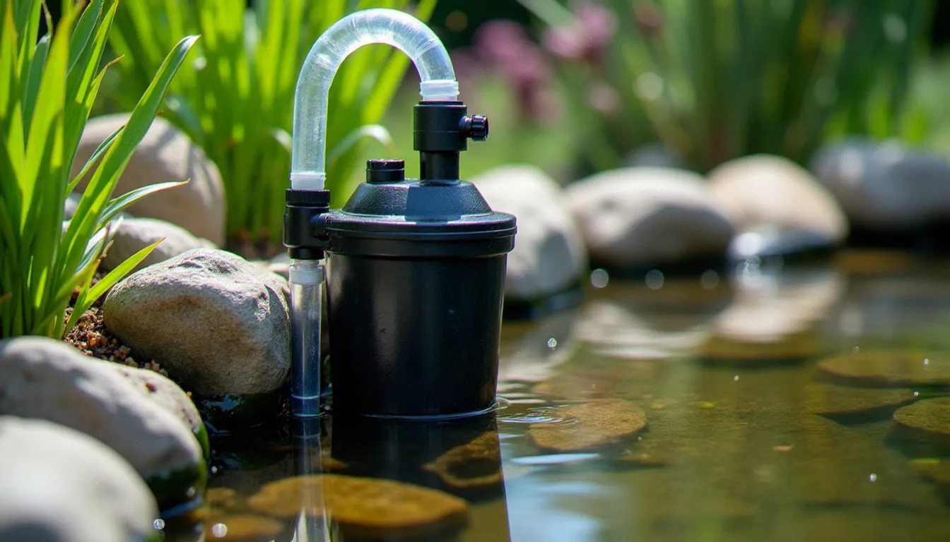 Pompe et filtre biologique installés en bordure d'un bassin de jardin, avec tuyauterie visible et plantes aquatiques autour