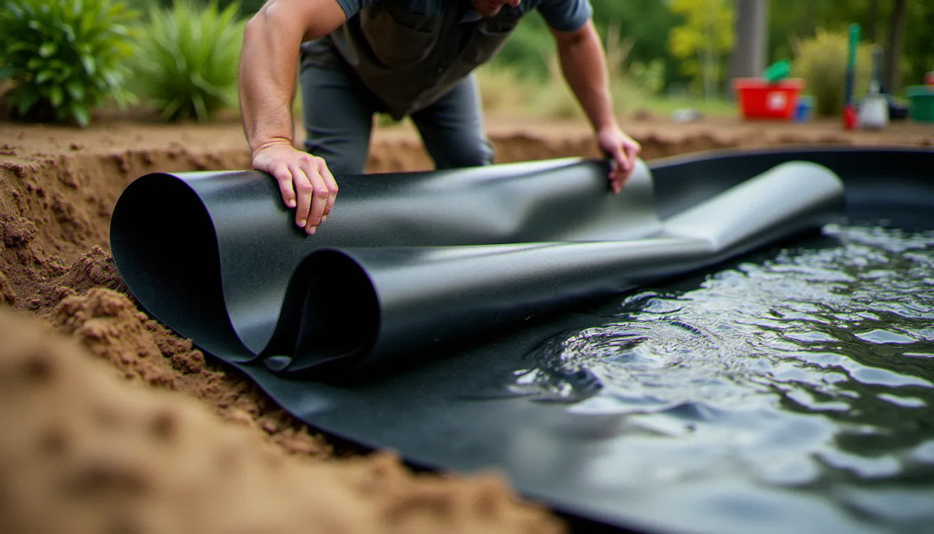 Pose d'une bâche EPDM noire dans une excavation de bassin de jardin fraîchement creusée, avec plis aux angles et fond sableux préparé