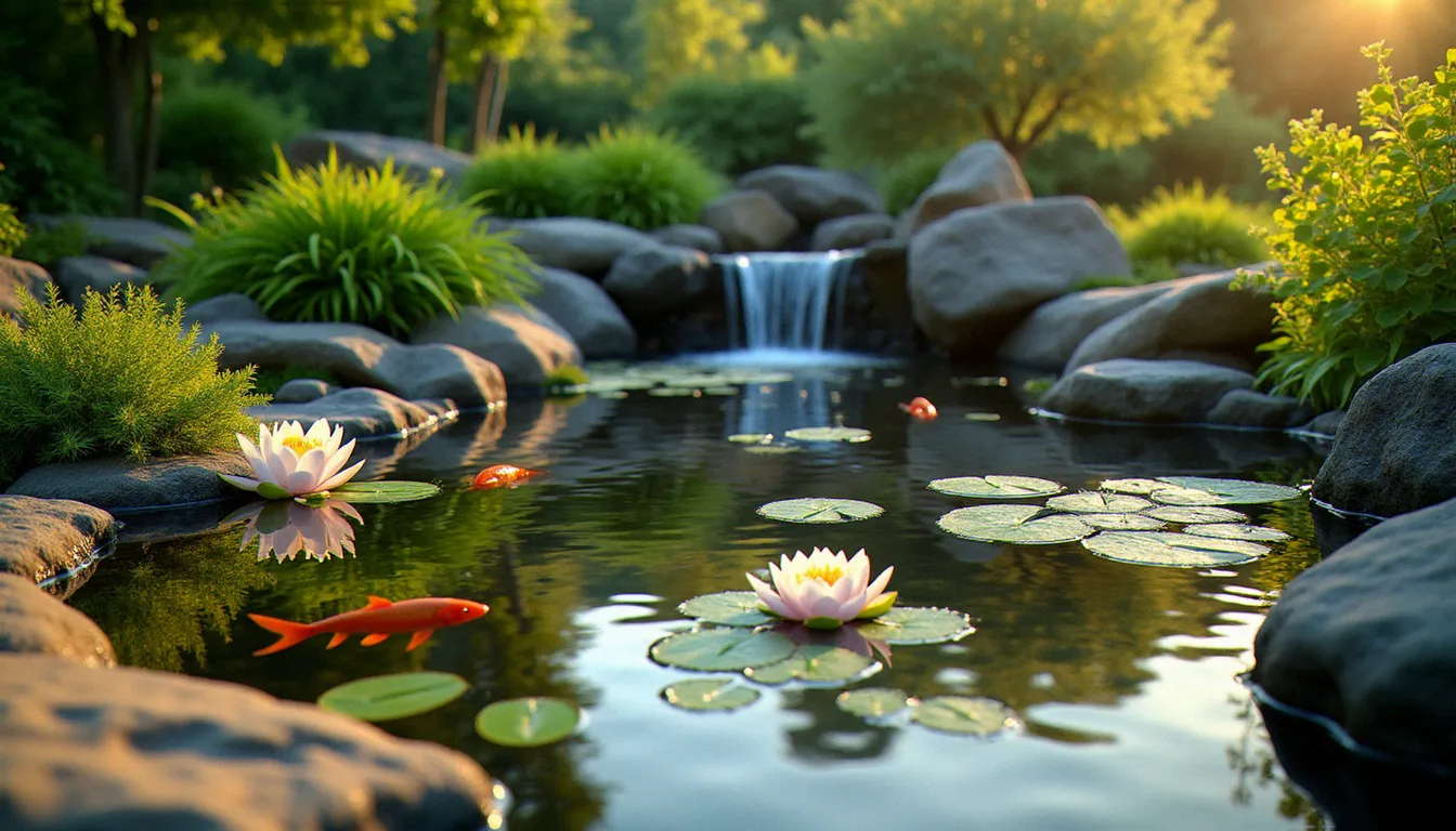 Bassin de jardin avec eau claire, nénuphars et poissons rouges, style naturel paysager inspiré des aménagements proposés par Leroy Merlin