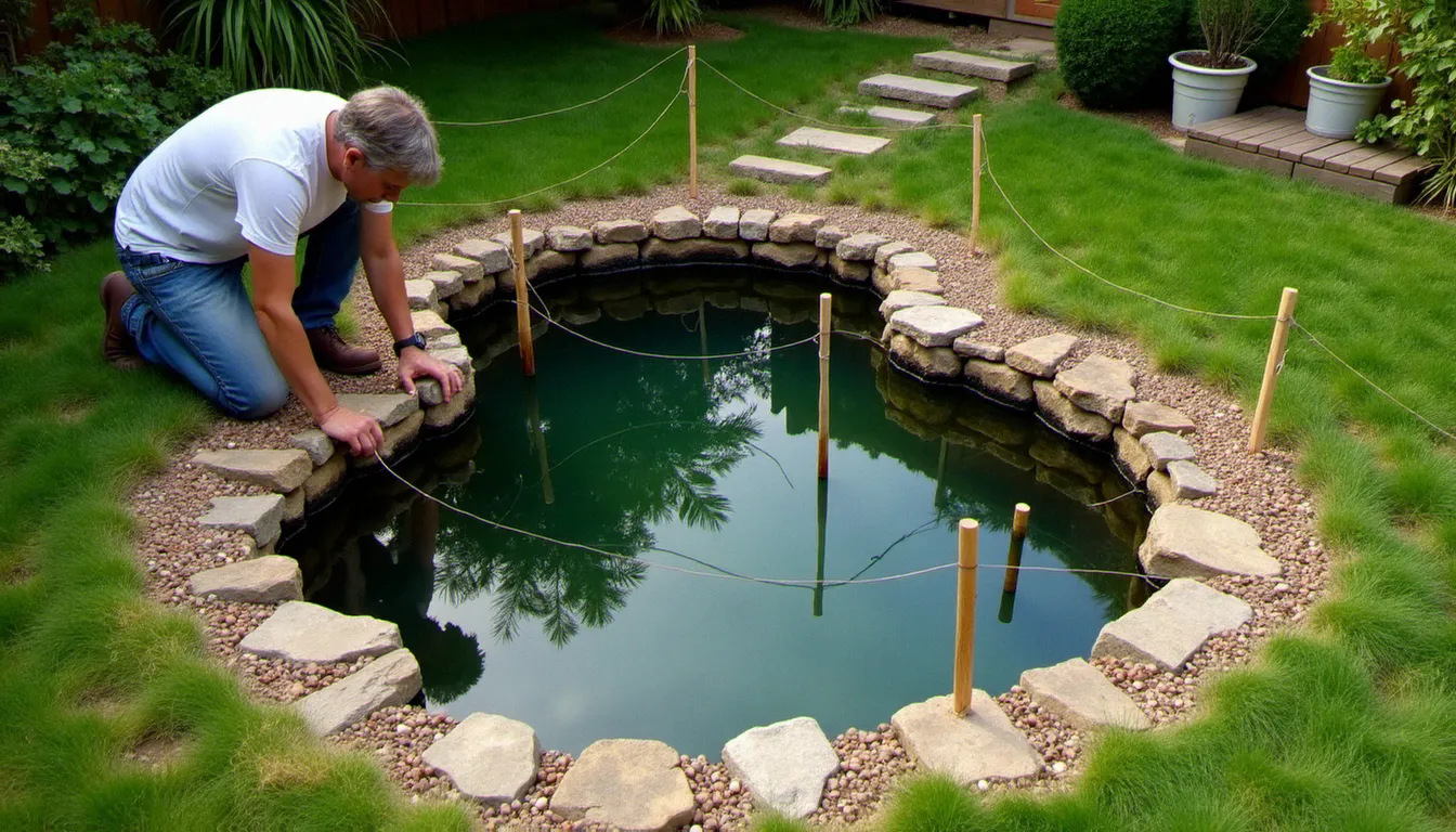 Marquage au sol de la forme d'un futur bassin de jardin naturel avec piquets et ficelle, bâche EPDM et plantes aquatiques en attente de plantation