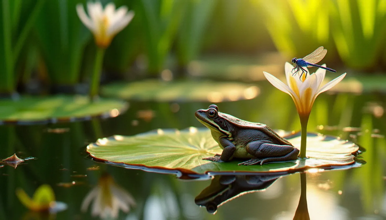 Grenouille verte posée sur un nénuphar dans un bassin naturel, demoiselle bleue sur une tige d'iris, eau claire révélant des invertébrés aquatiques en dessous de la surface