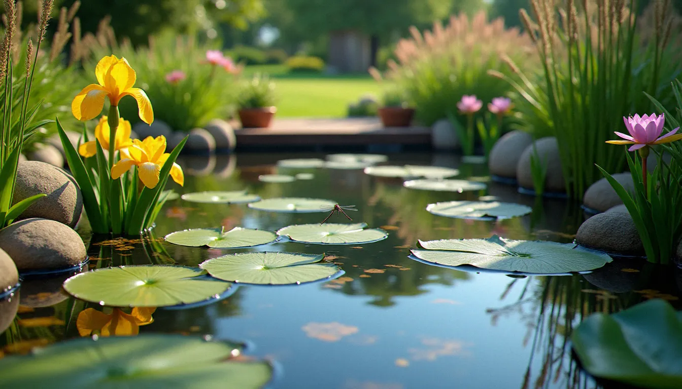 Bassin de jardin naturel bien équilibré entouré d'iris des marais, de nénuphars et de joncs, avec une eau claire reflétant le ciel