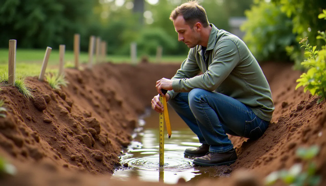 Paysagiste mesurant la profondeur d'un bassin de jardin en cours de terrassement, piquets en bois délimitant le périmètre sur pelouse