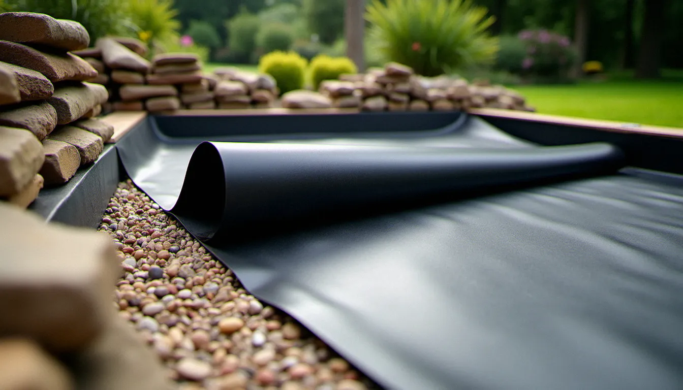 Pose d'une bâche EPDM noire dans un bassin de jardin rectangulaire avec feutre géotextile de protection visible en dessous, matériaux de bordure en attente