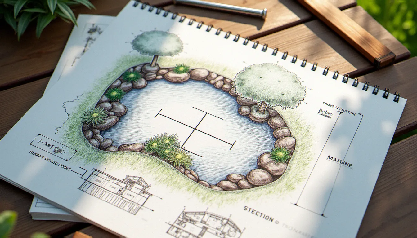Plan technique de bassin de jardin dessiné sur papier millimétré avec annotations de dimensions et schéma hydraulique, posé sur une table de jardin en bois
