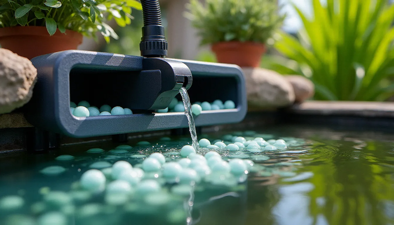 Système de filtration biologique et mécanique installé à côté d'un bassin de jardin, avec pompe et médias filtrants visibles