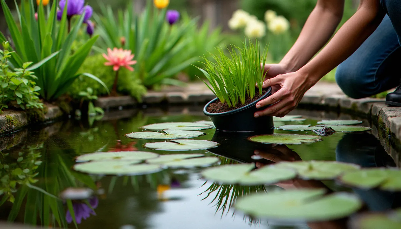 Plantation d'un bassin de jardin avec des plantes aquatiques disposées en zones de profondeur, iris en bordure et nénuphars en zone profonde