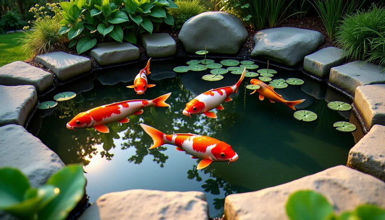 Bassin de jardin pour poisson avec des koï colorés nageant dans une eau claire, entouré de nénuphars et de plantes aquatiques