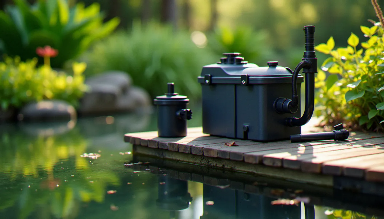 Système de filtration biologique et lampe UV installés en bordure d'un bassin de jardin, avec tuyaux de connexion et boîtier de pompe visibles