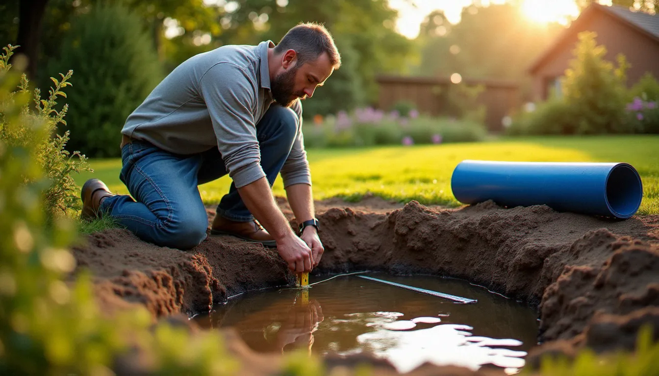 Paysagiste mesurant la profondeur d'une excavation de bassin de jardin en argile, avec un rouleau de liner EPDM prêt à être posé en arrière-plan