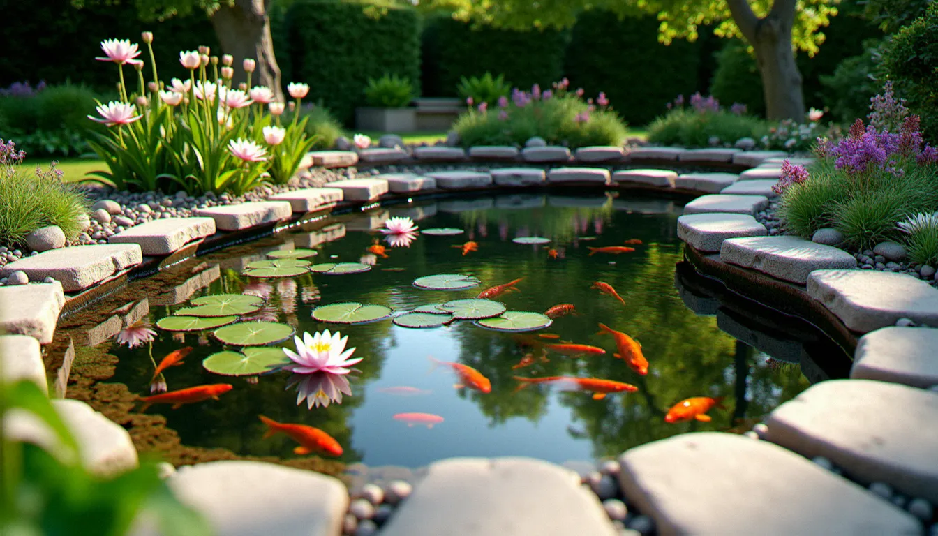 Bassin de jardin naturel avec margelles en ardoise, nénuphars et koïs visibles sous une eau claire — exemple de réalisation pour illustrer les différents prix d'un bassin de jardin