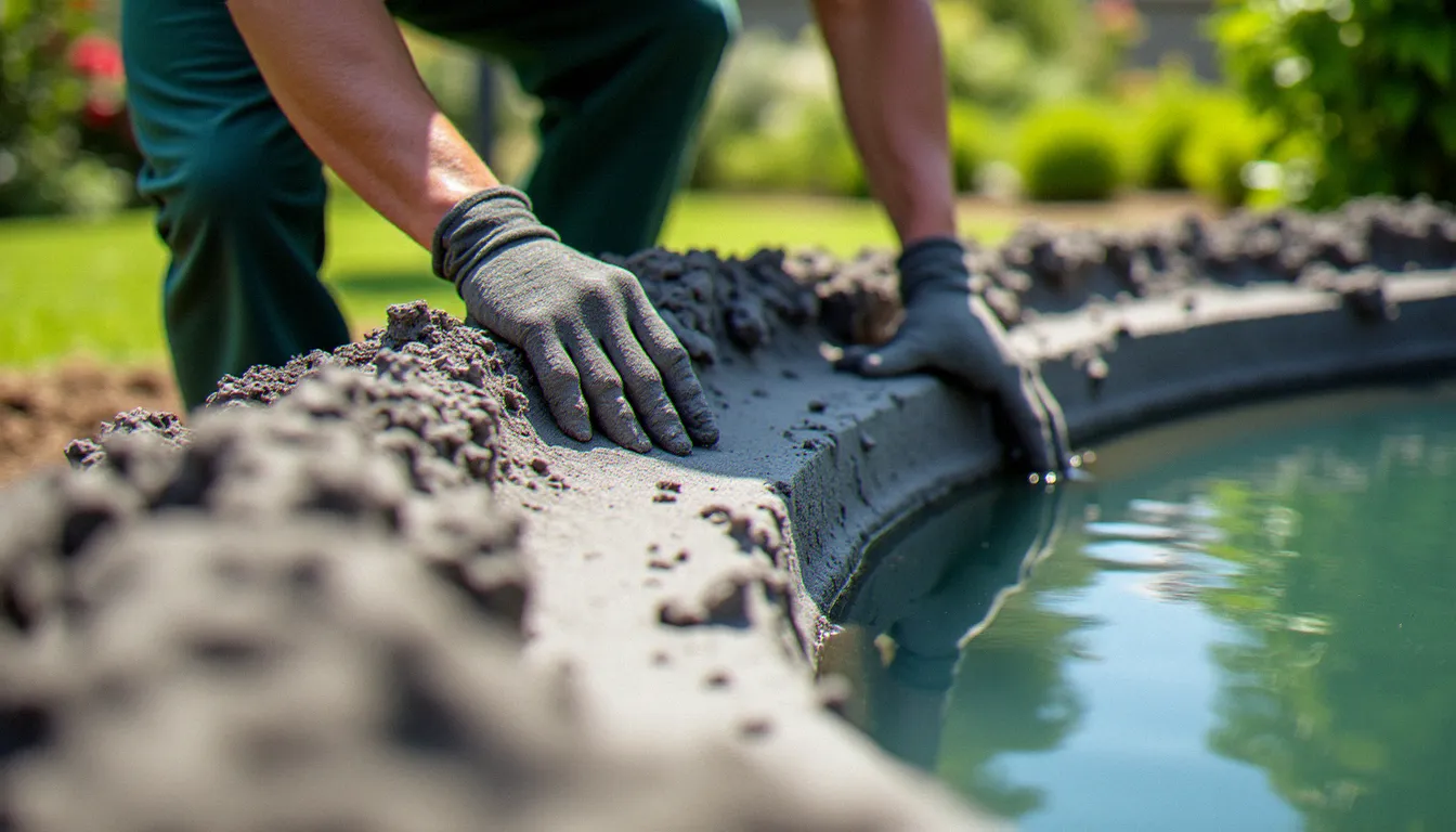 Construction d'un bassin en argile compactée, montrant les couches successives de terre argileuse damées au fond d'une excavation de jardin