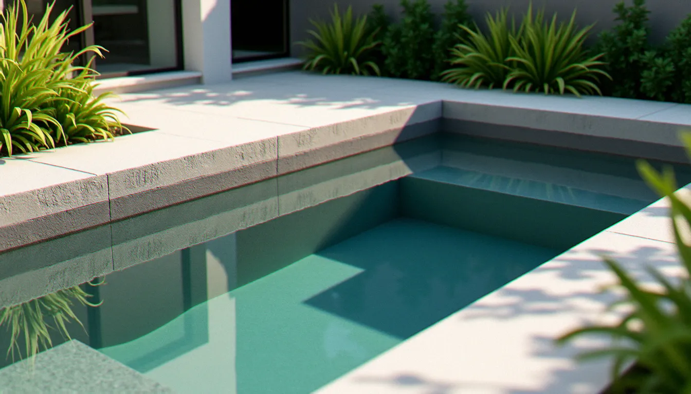 Bassin de jardin en béton banché sans bâche avec parois lisses enduites, berges en pierre et plantes aquatiques établies autour du plan d'eau