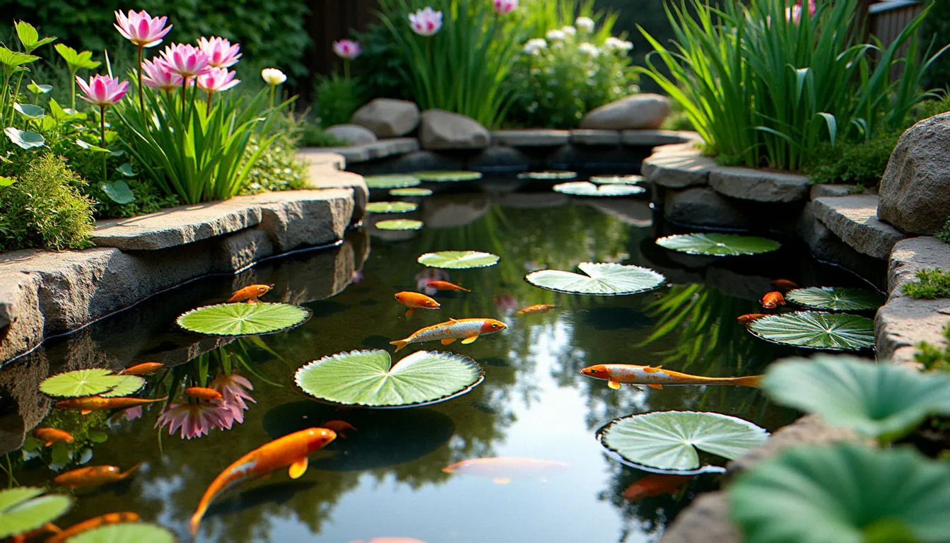 Bassin de jardin sans bâche réalisé en argile compactée avec berges en pierre naturelle, plantes aquatiques et poissons koï dans une eau claire