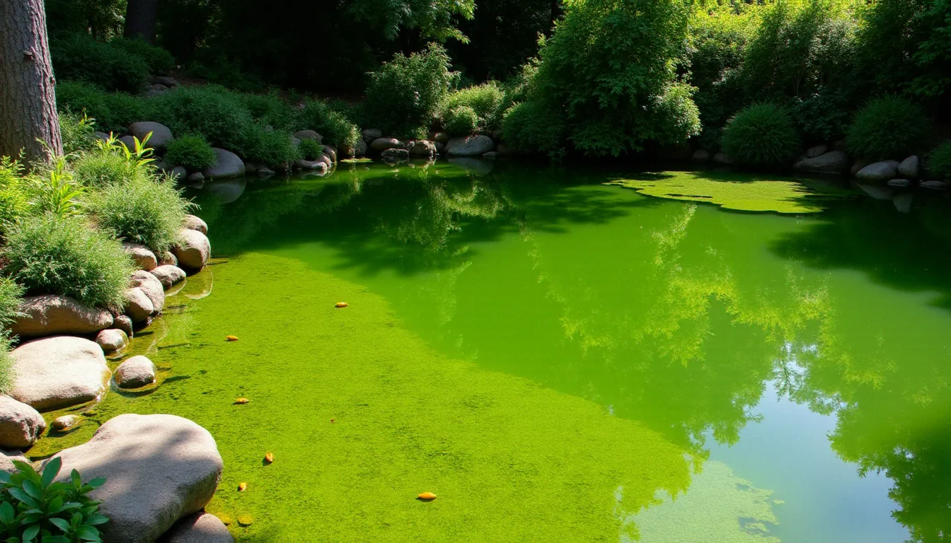 Bassin de jardin mal équilibré avec eau verte opaque, surcharge en poissons et prolifération d'algues filamenteuses illustrant les erreurs de conception à éviter