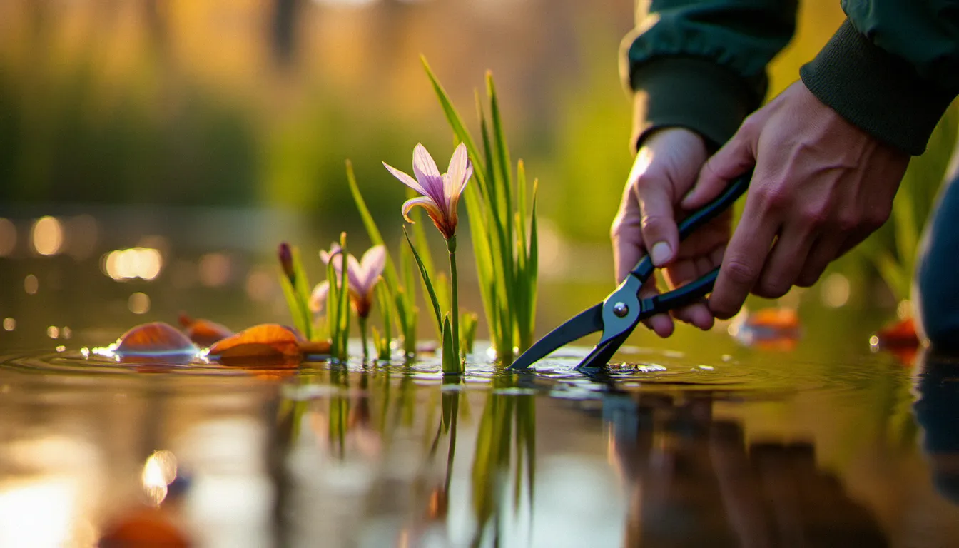 Entretien saisonnier d'automne d'un bassin de jardin avec taille des hélophytes et retrait des feuilles mortes pour maintenir l'équilibre naturel du bassin