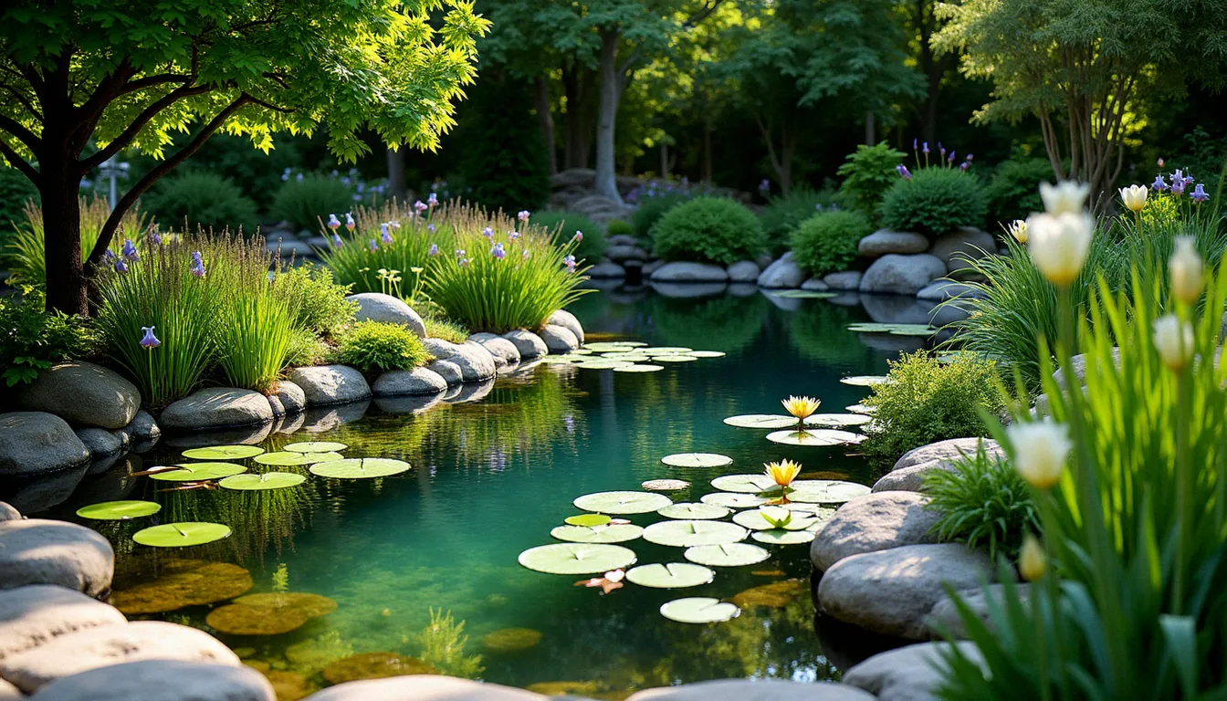 Bassin de jardin sans entretien avec nénuphars couvrant la surface, plantes de berge et eau claire dans un jardin naturel