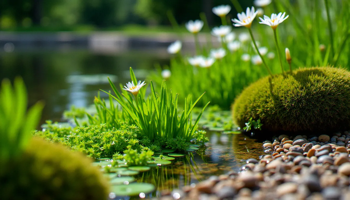 Plantes oxygénantes submergées dans un bassin de jardin naturel, renoncule aquatique et élodée visibles sous la surface de l'eau servant de filtration naturelle
