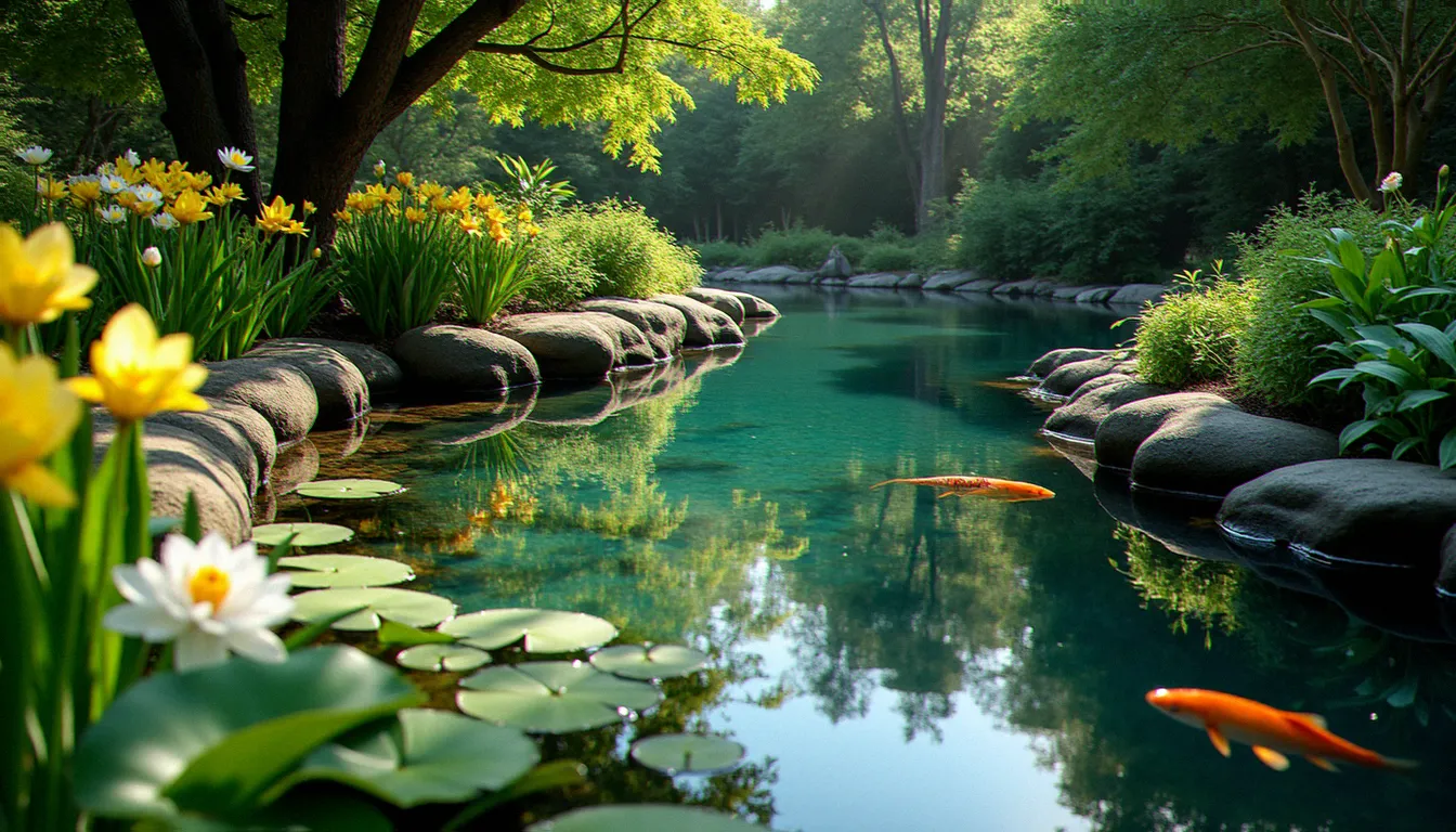 Bassin de jardin sans filtration entouré de plantes aquatiques naturelles avec nénuphars et iris des marais, eau claire et transparente