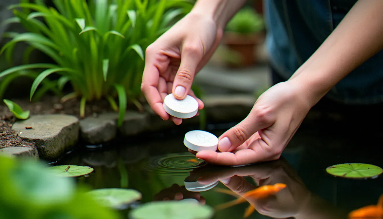 Application d'une pastille biologique à base de Bti dans un bassin de jardin avec plantes aquatiques et poissons rouges, traitement naturel contre les larves de moustiques