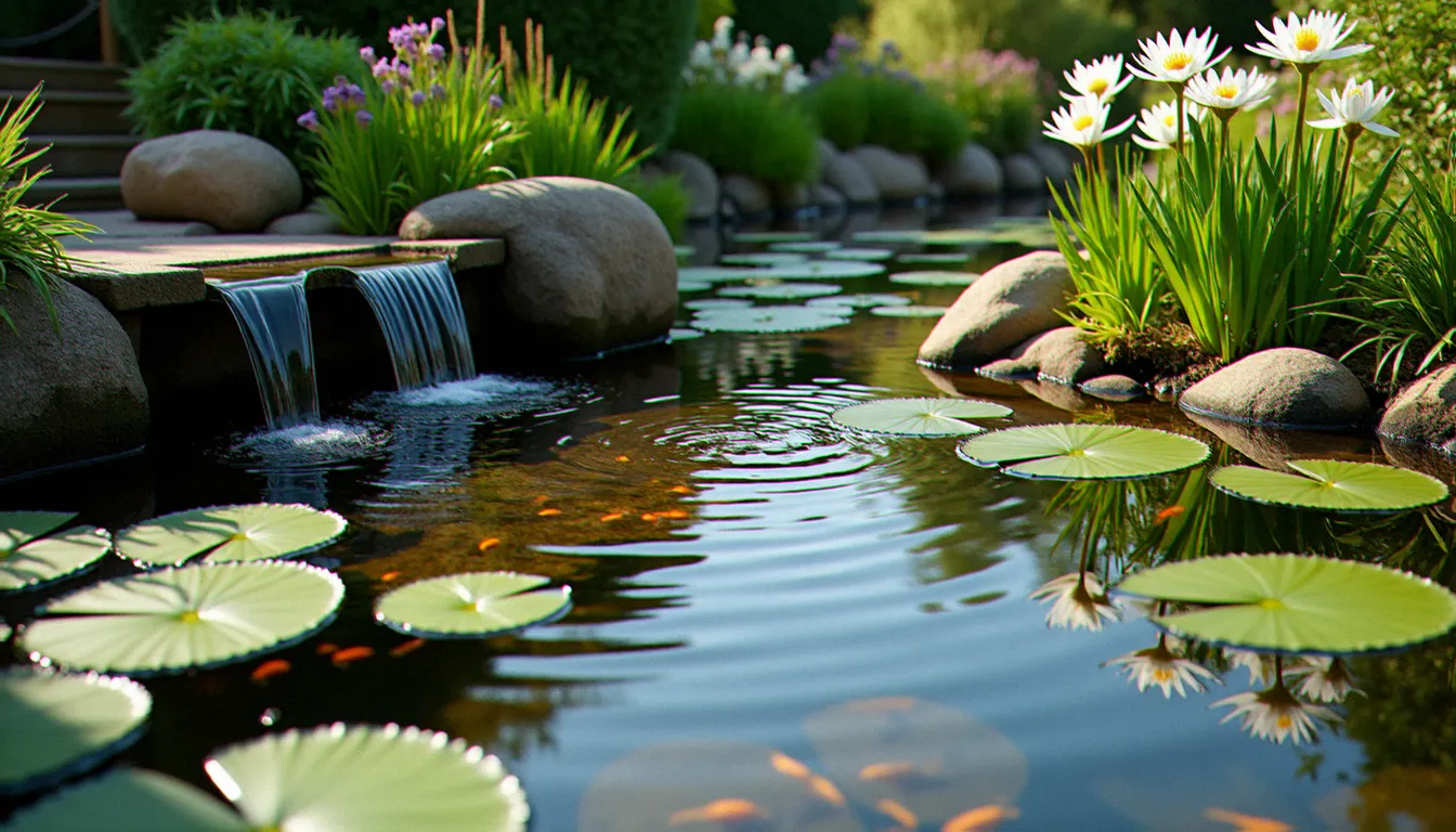 Bassin de jardin sans moustiques avec eau claire, poissons rouges visibles, nénuphars et petite cascade créant une agitation de surface naturelle