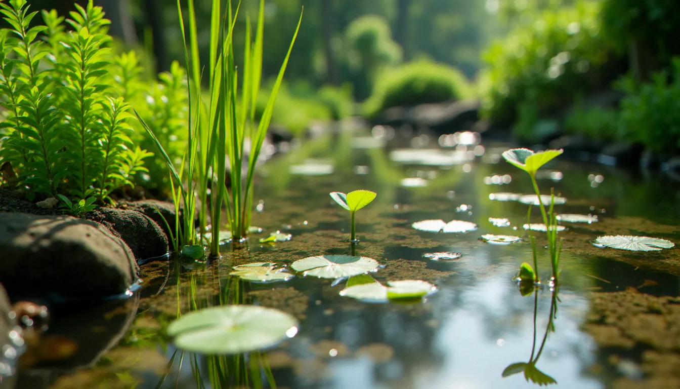Gros plan sur des plantes aquatiques immergées et palustres dans un bassin de jardin sans poisson, avec fond en gravier visible sous une eau limpide
