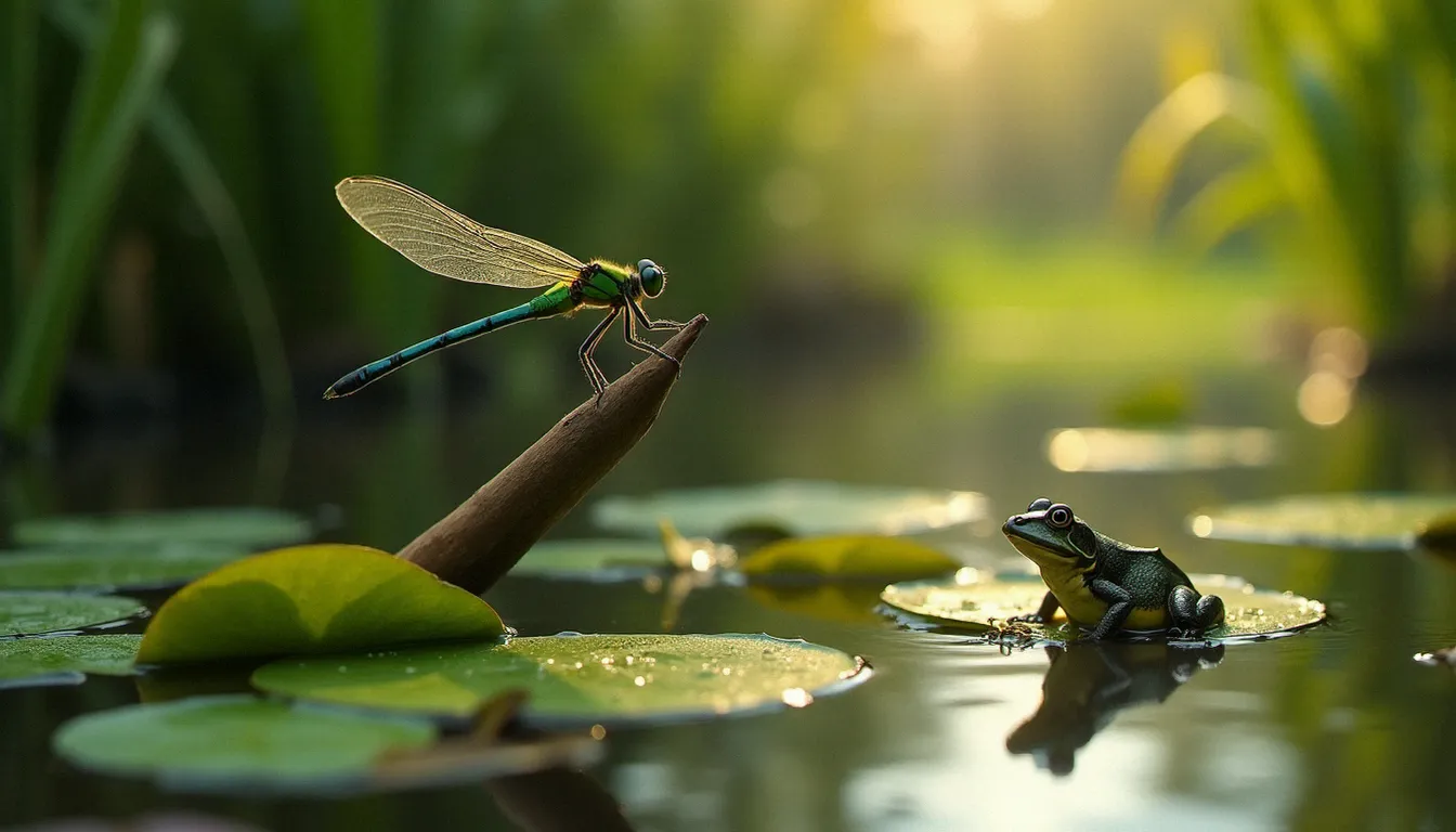 Libellule verte posée sur un roseau au-dessus d'un bassin de jardin naturel sans poisson, avec une grenouille visible sur une feuille de nénuphar en arrière-plan