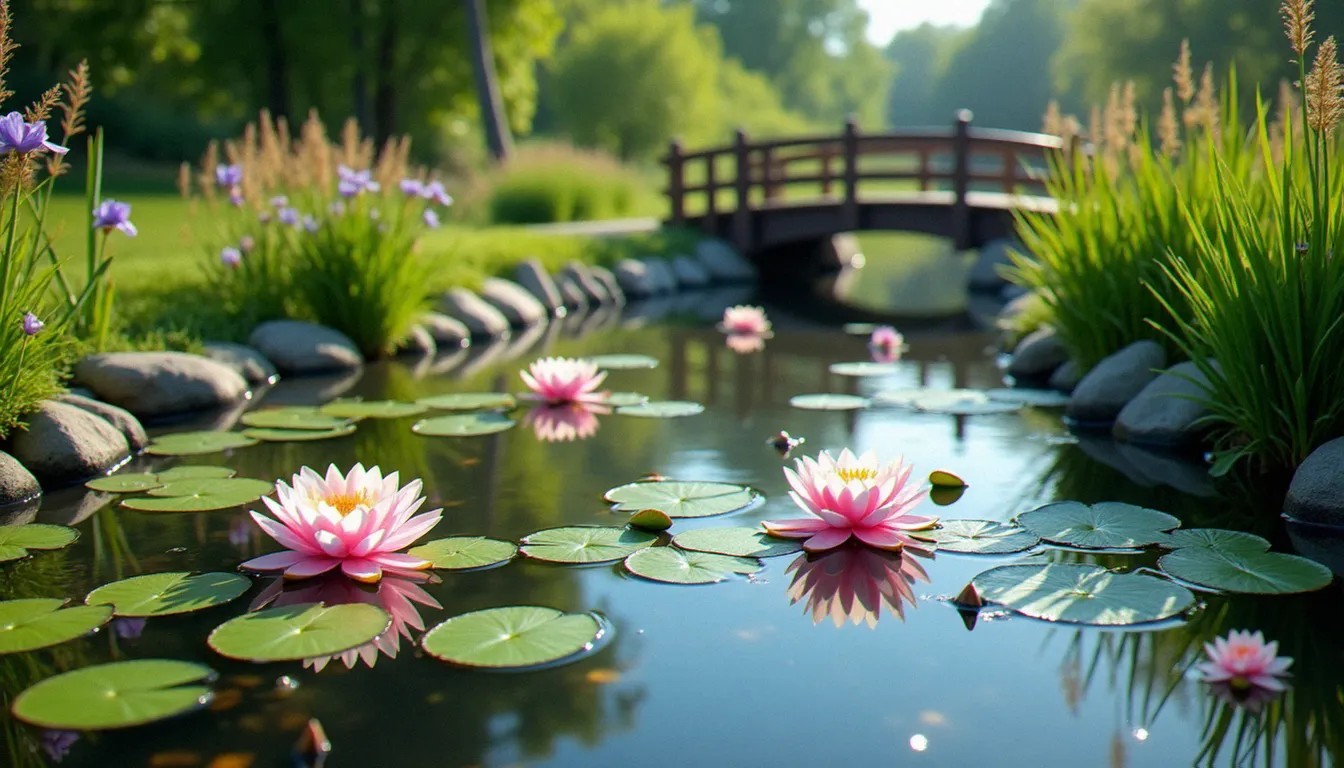 Bassin de jardin sans poisson entouré de nénuphars en fleur, d'iris et de joncs, avec une eau claire reflétant le ciel en lumière matinale